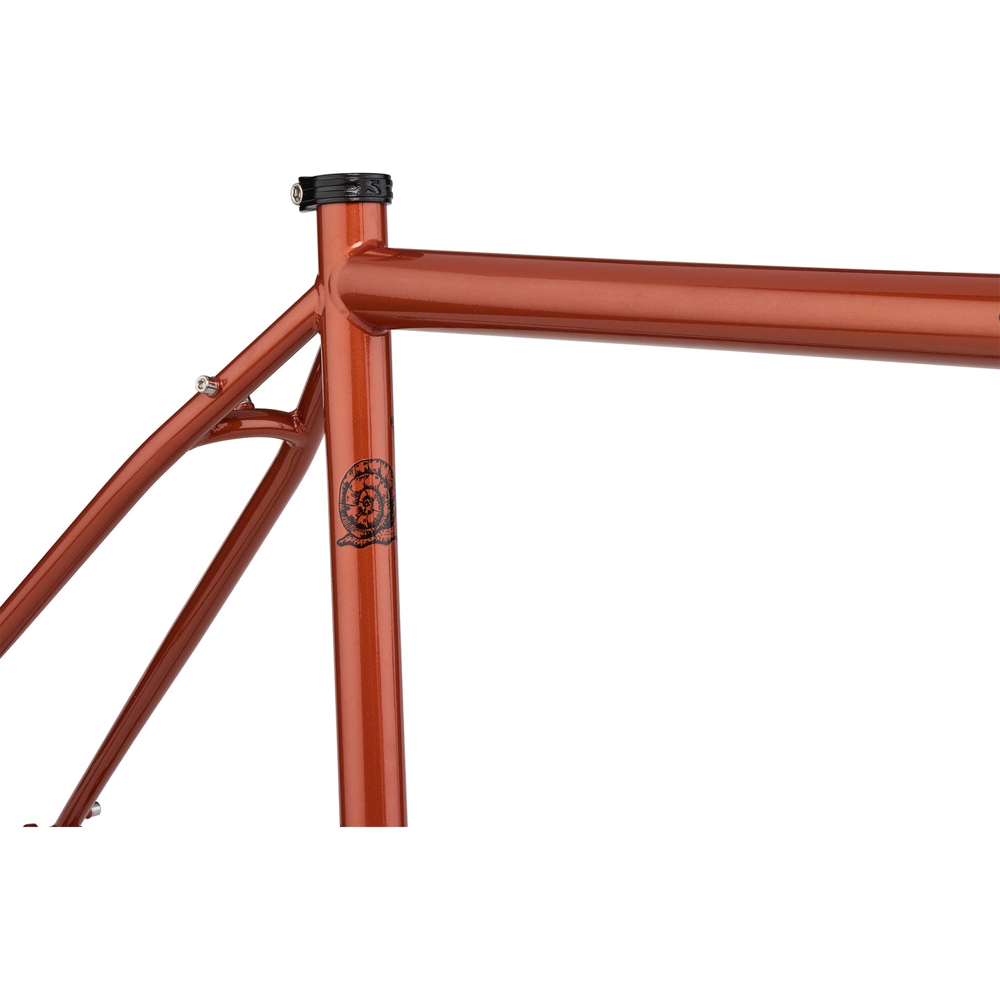 Surly Straggler frameset Shaggy Carpet orange color seat tube area focus showing snail decal on a white background