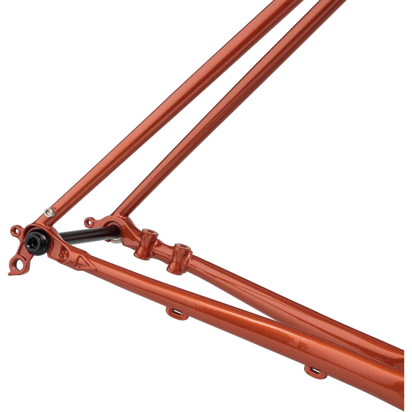 Surly Straggler frameset Shaggy Carpet orange color rear dropout area focus showing thru-axle installed on a white background