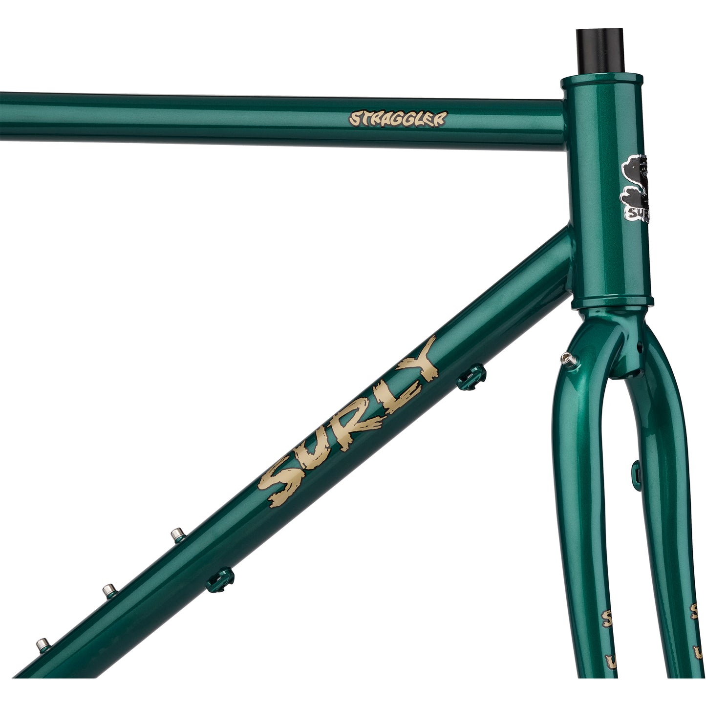 Surly Straggler Frameset in Subtropic Algae color view of headtube, top tube, and downtube with decals on white background