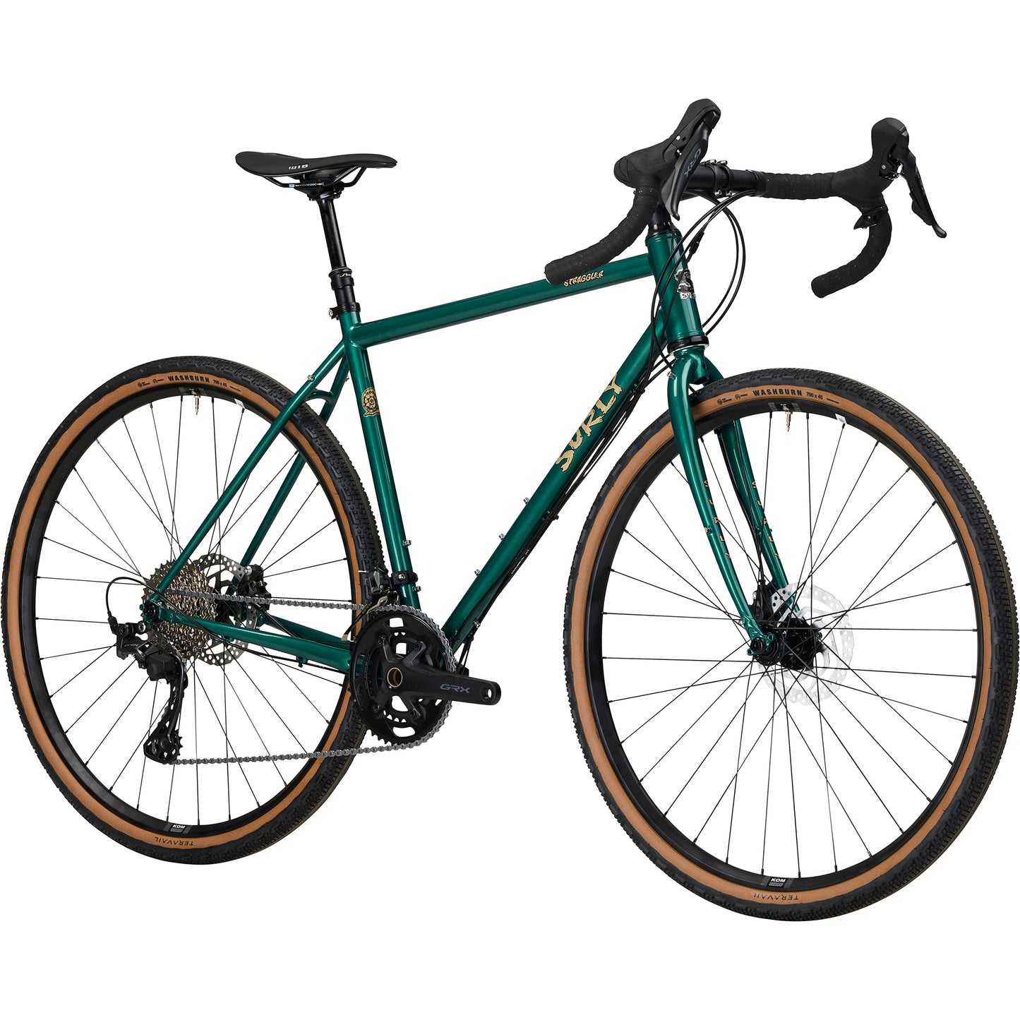 Surly Straggler GRX 610 bike in Subtropic Algae green color front three-quarter view with tan wall tires on a white background