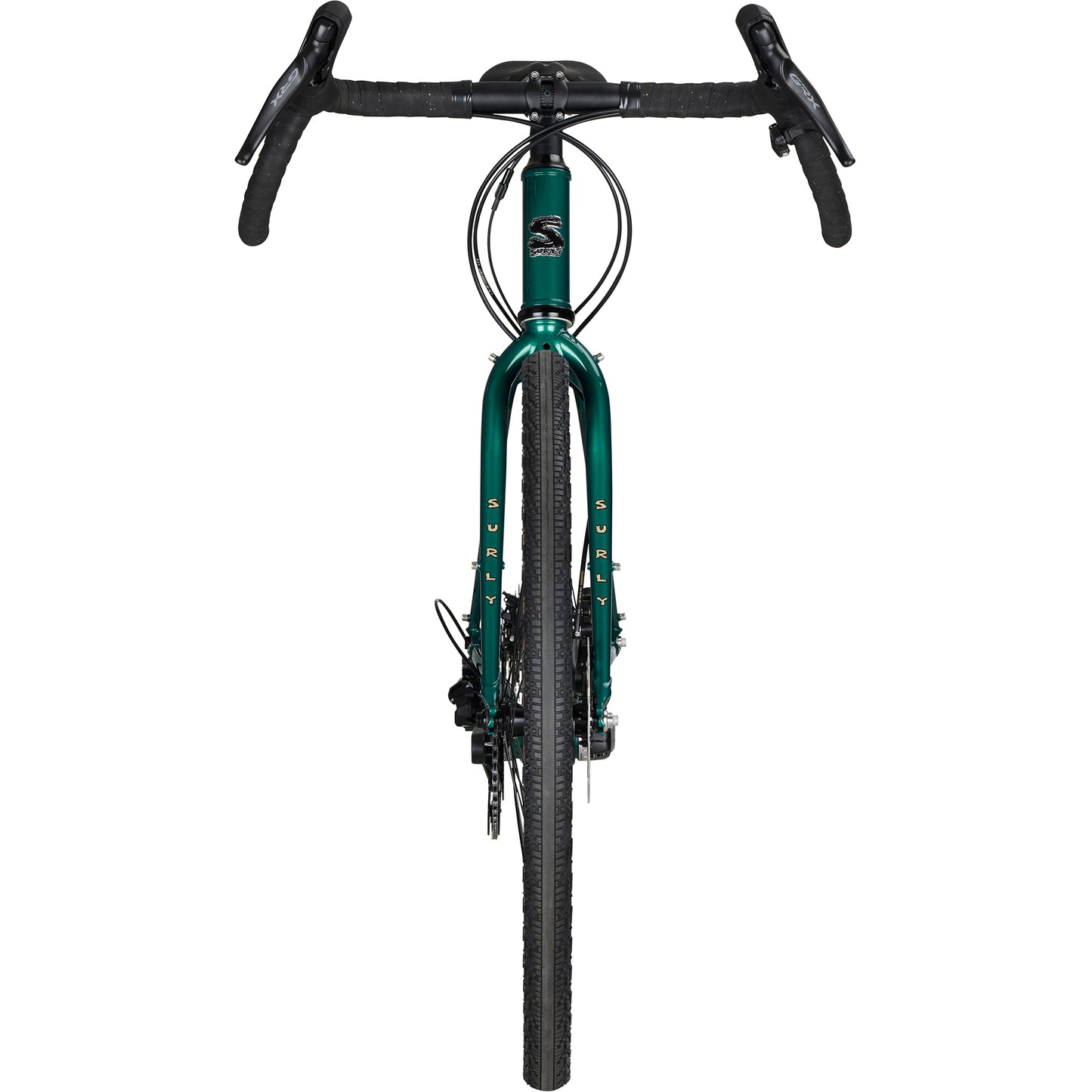 Surly Straggler GRX 610 bike in Subtropic Algae green color front view with tan wall tires on a white background