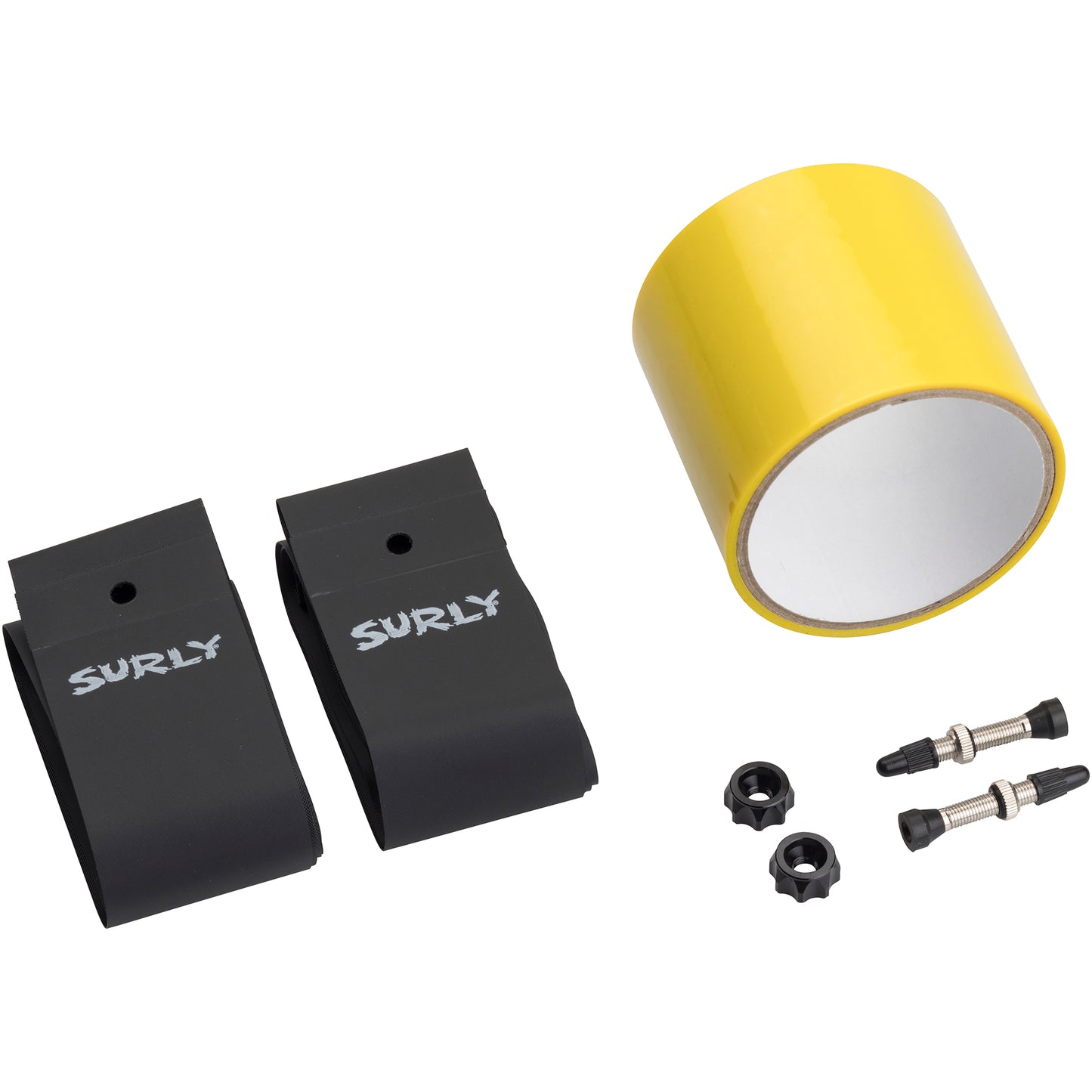 Surly Tubeless Kit showing included items rim strips, tape, and tubeless valves