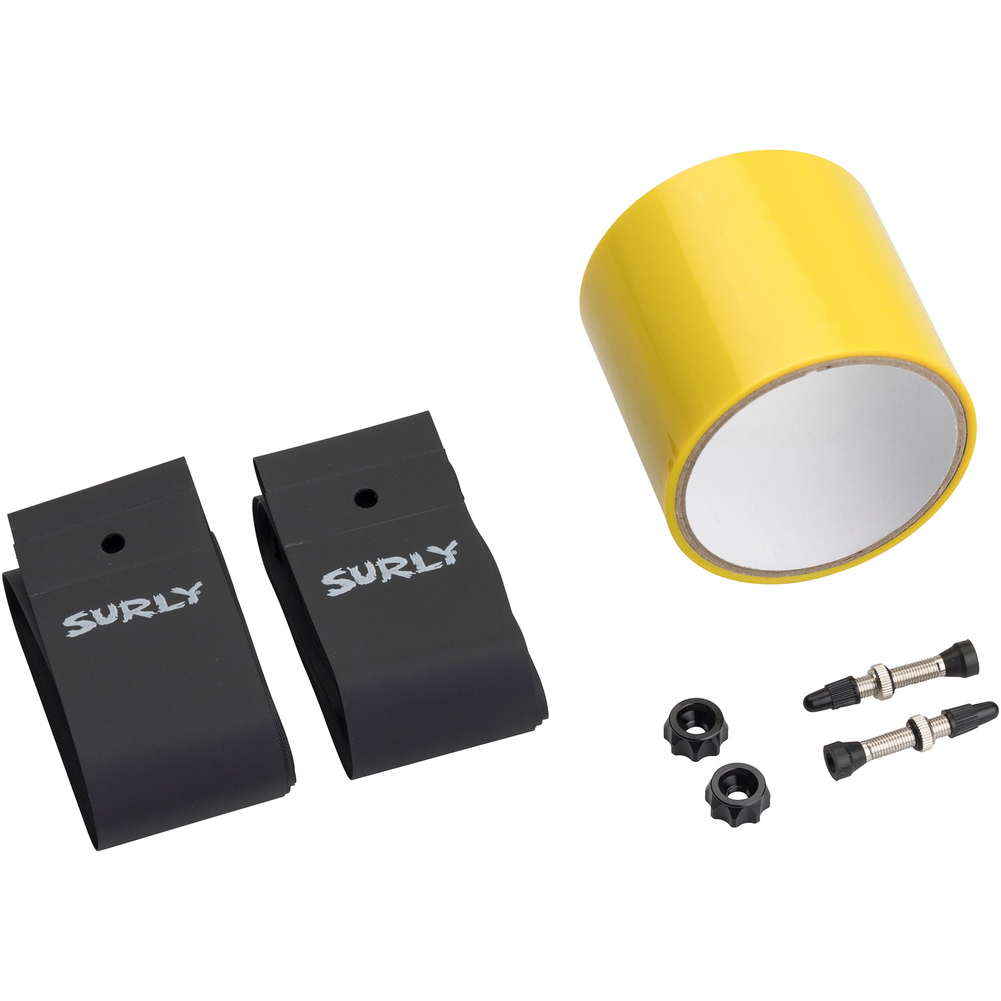 Surly Tubeless Kit showing included items rim strips, tape, and tubeless valves