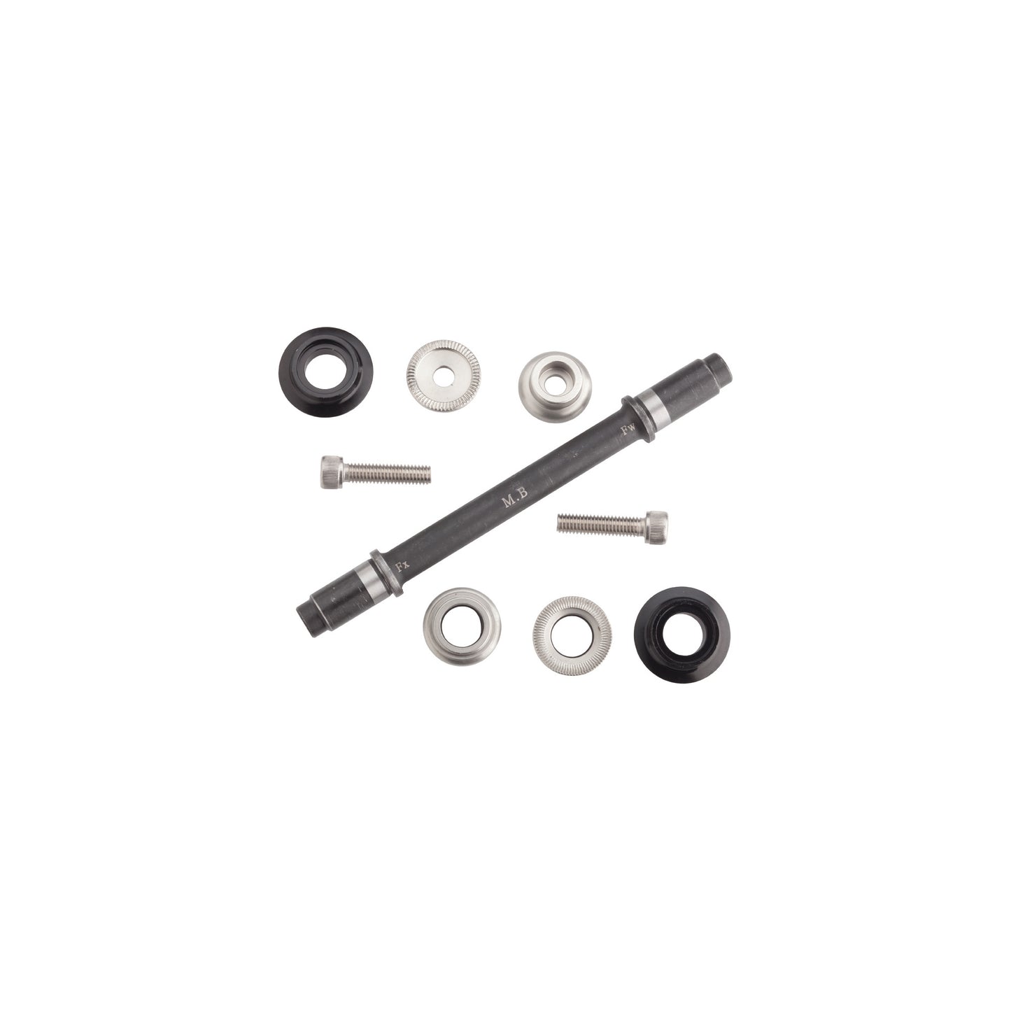 Mechanical parts including a shaft, bearings, and washers on a white background