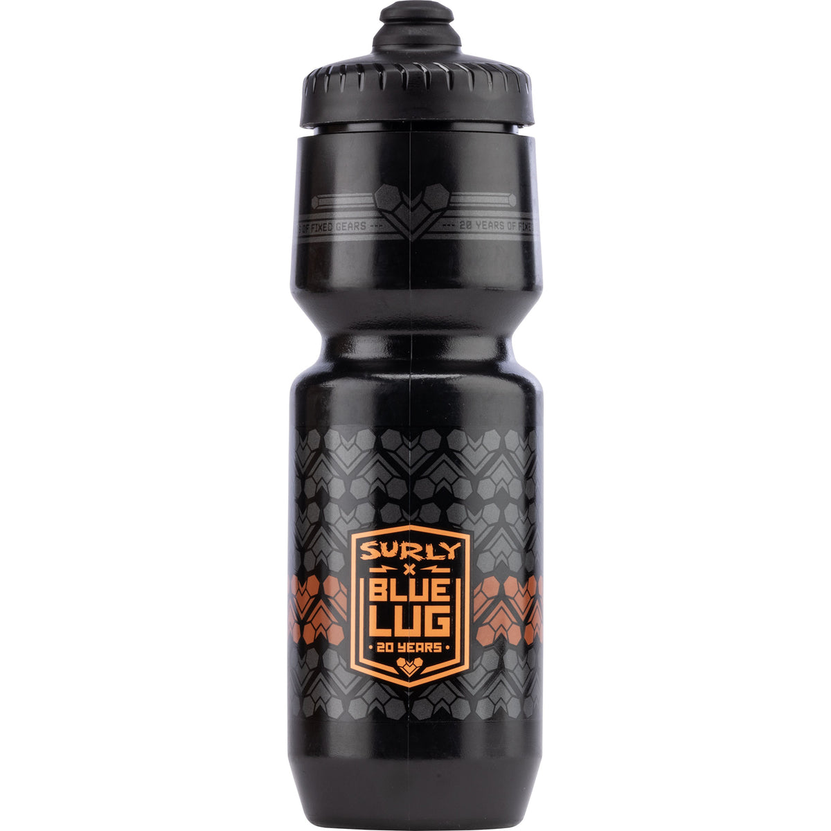 A black Surly x Blue Lug 20 Years water bottle with a black screw cap, featuring a central orange and black shield logo and a subtle geometric pattern on the lower half.