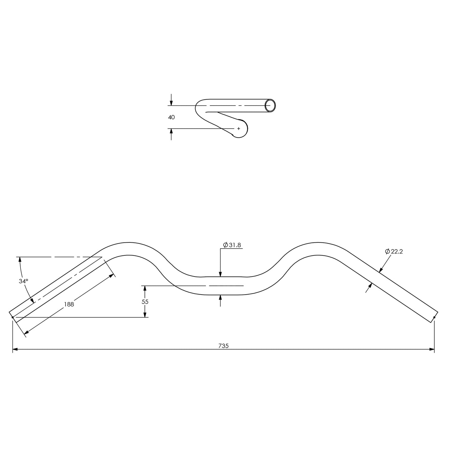 Technical drawing of Surly Terminal Bar with dimensions