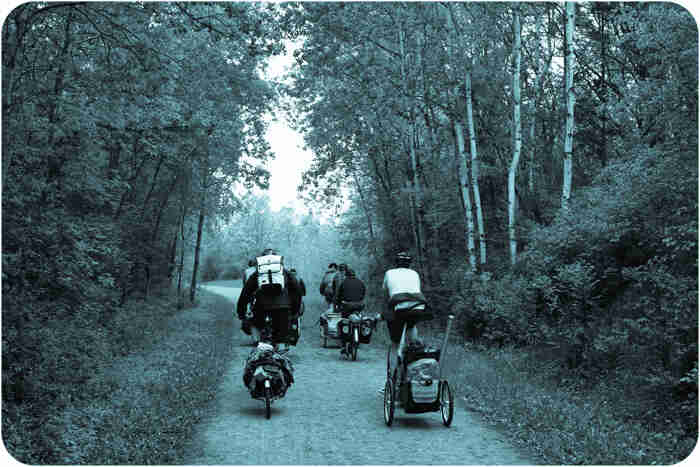 Rear view of cyclists, riding their bikes on a gravel road in the woods - black & white image