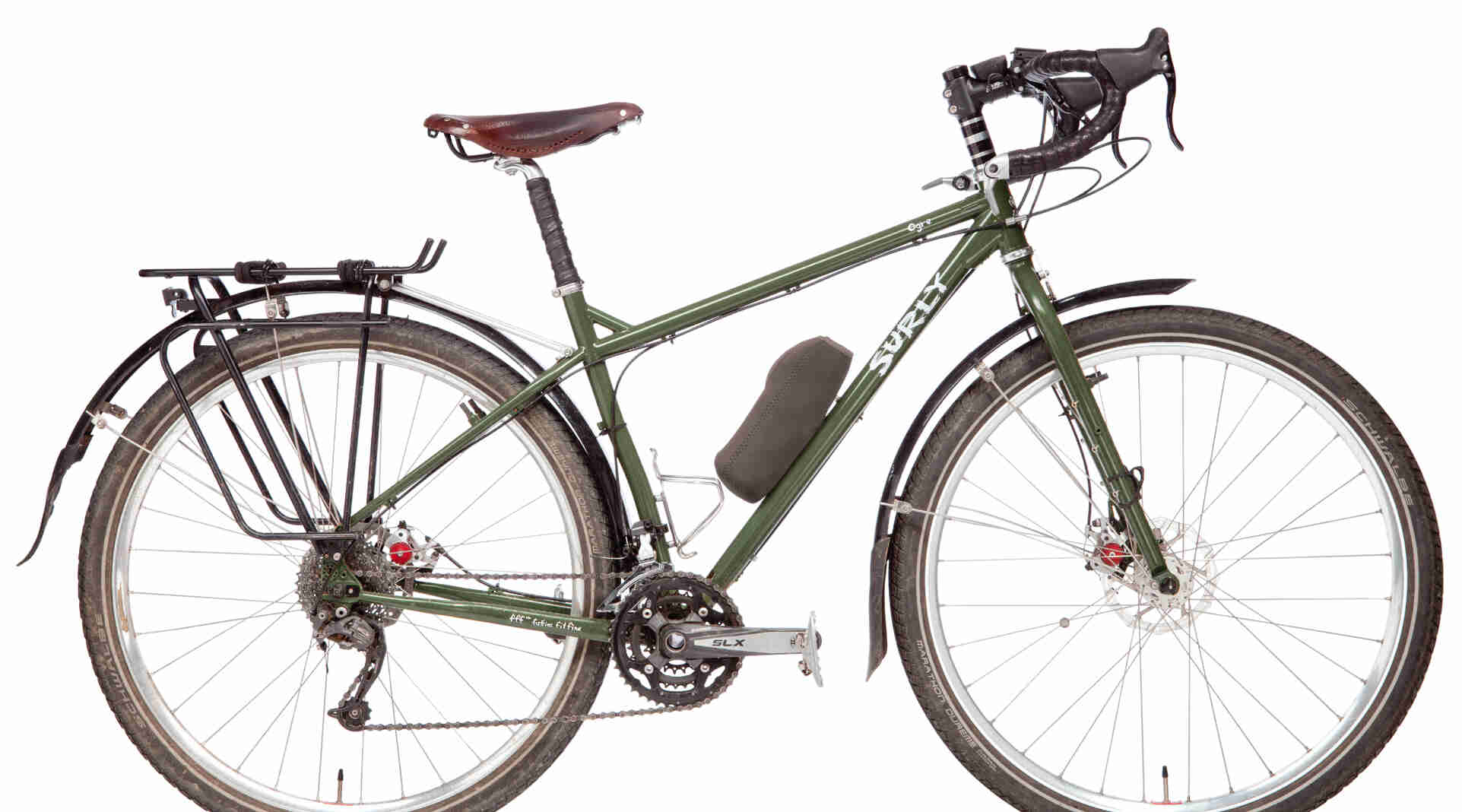 Surly Ogre Bike with fenders and rear rack - green - right side view with white background
