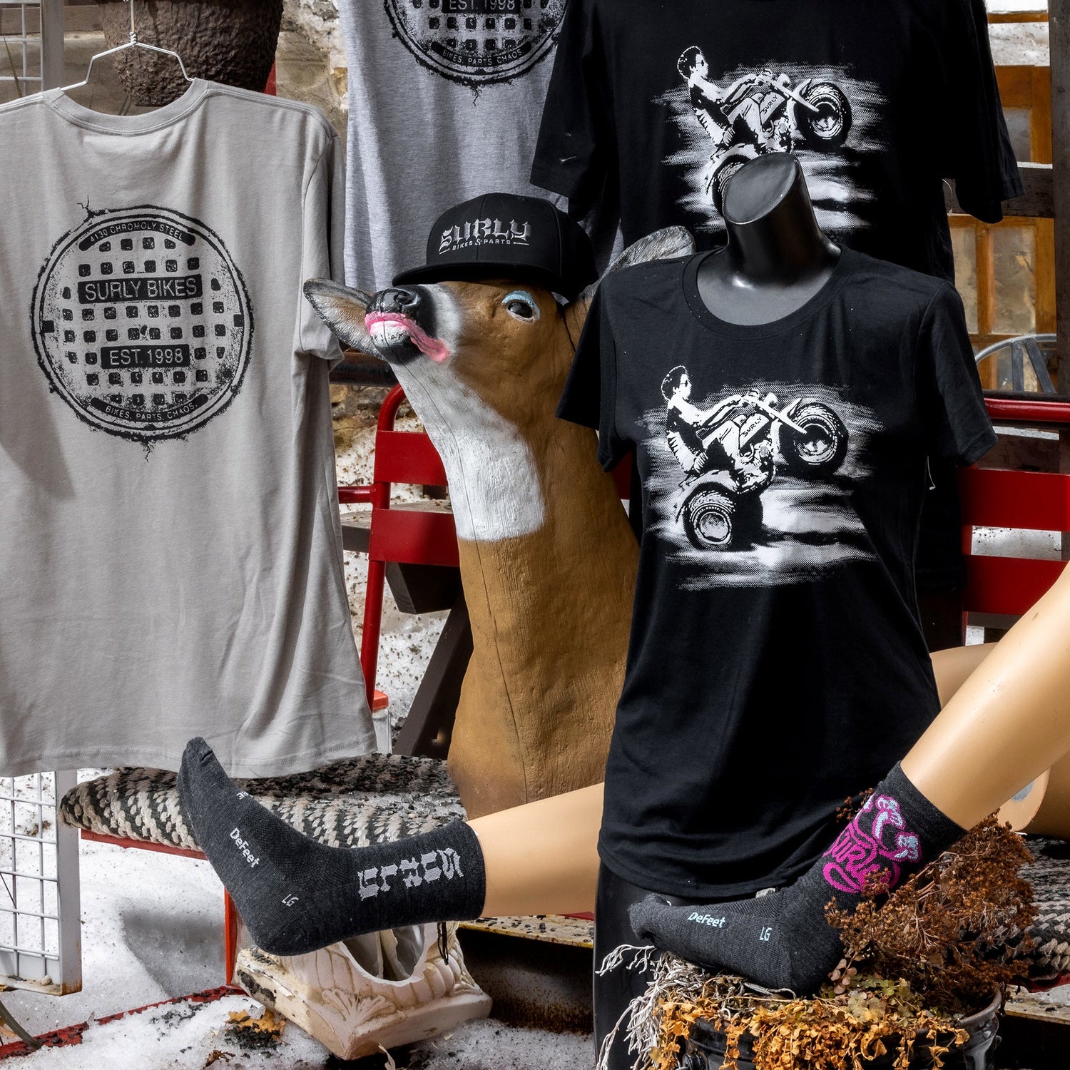 Surly Clothing on display outside with props