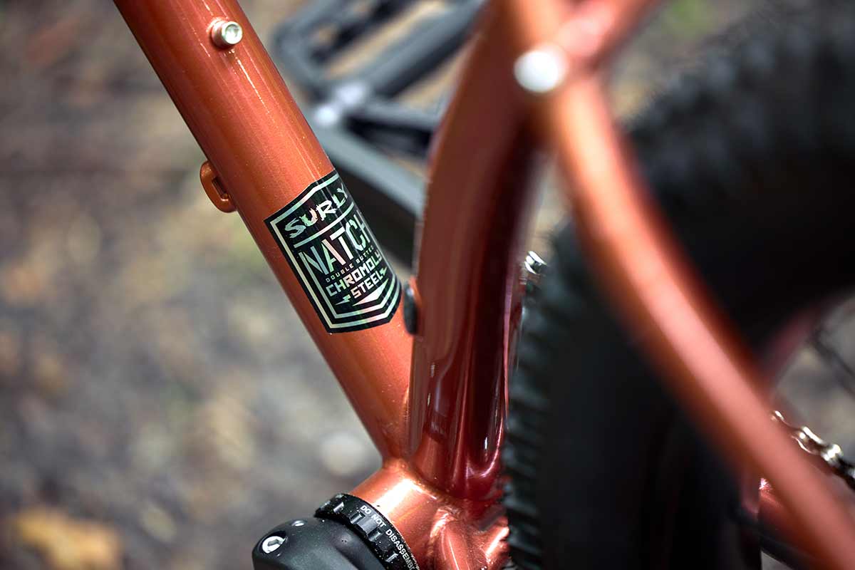 Surly Krampus rigid bike close-up of Natch Chromoly decal on downtube, Chester Copperpot color