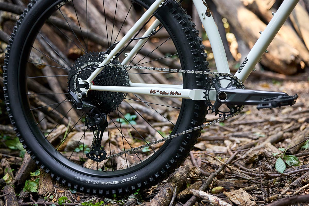 Karate Monkey rigid bike in Snow Mold White close-up of rear wheel