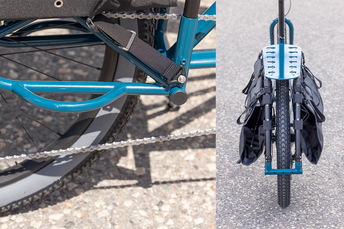 Surly Big Dummy cargo bike features shown in split image of bags and deck and bag attachment to frame