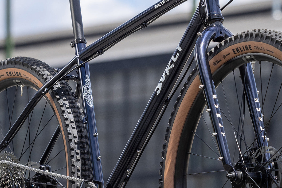 Surly Bridge Club bike outside focus on frame with a blurred background
