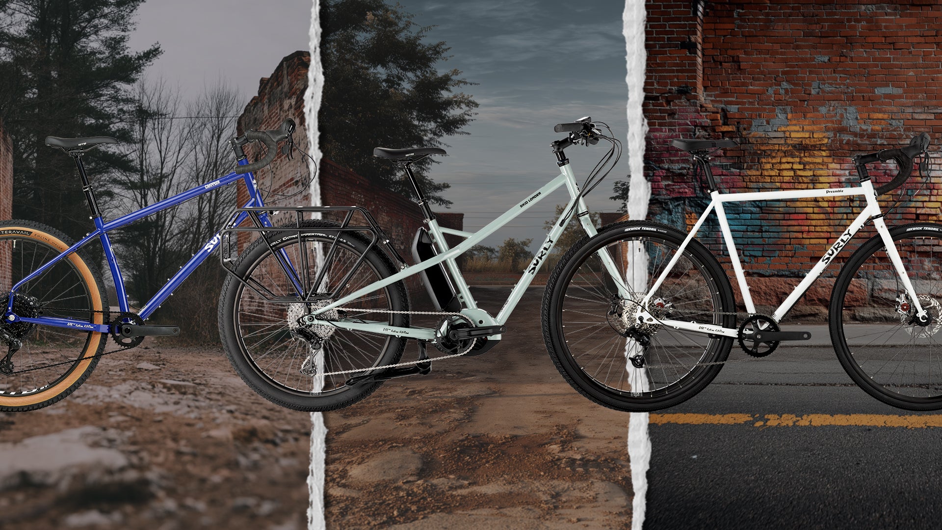 Image of Surly Grappler, Skid Loader, and Preamble Drop bar bikes over different terrain backgrounds