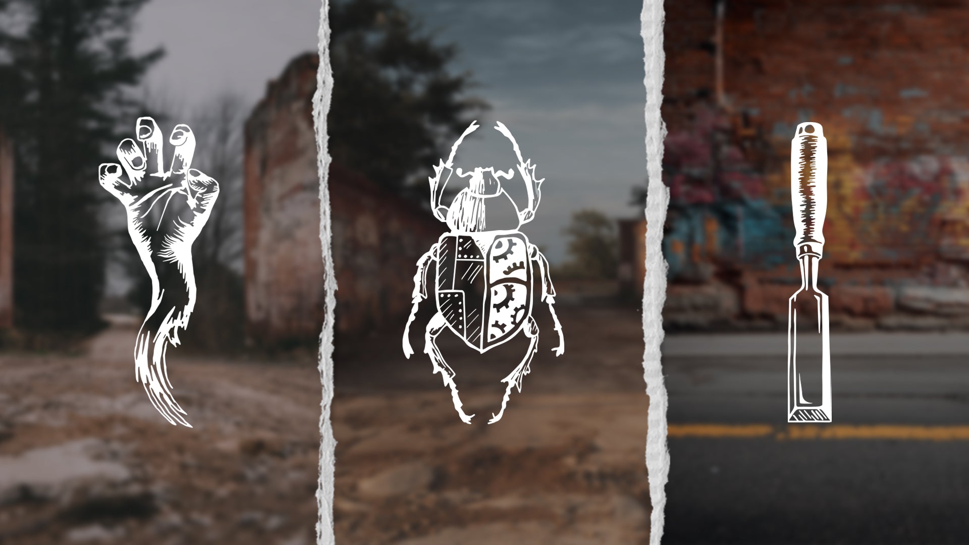 Image with three split sections with illustrated hand, scarab, and chisel over landscape backgrounds