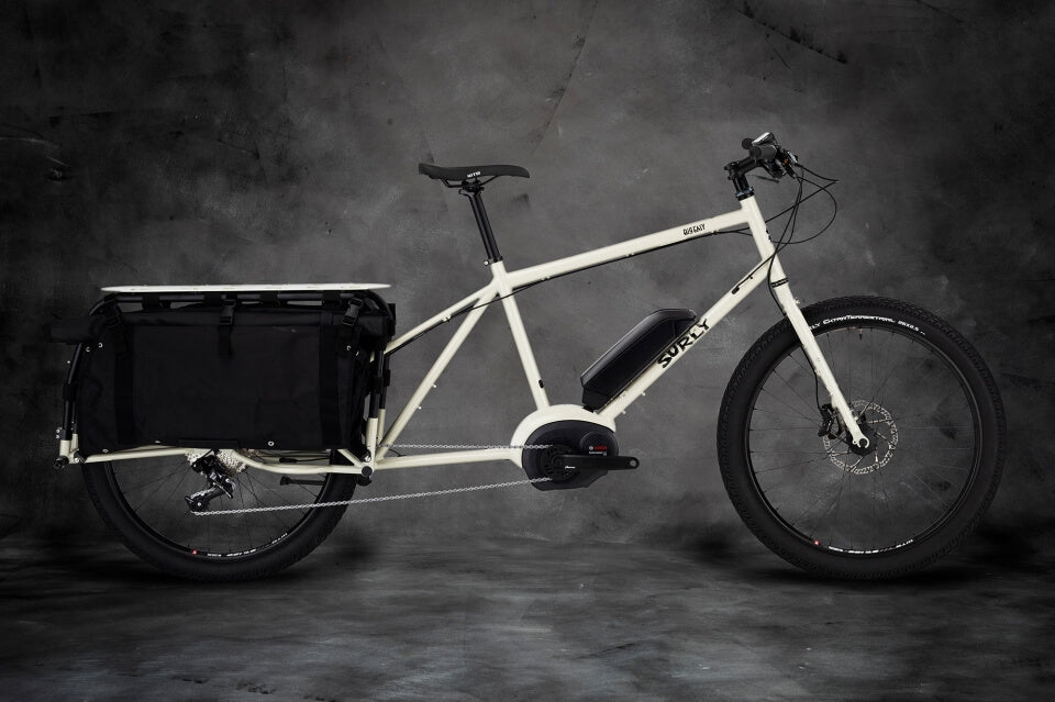 Surly Big Easy electric cargo bike with bags white color side view