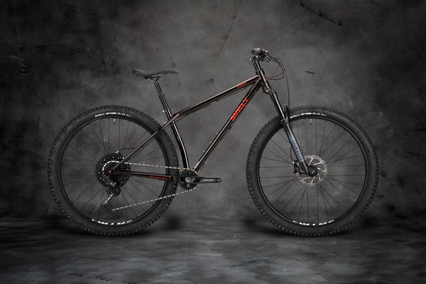 Surly Krampus front suspension bike side view in Demonic Sparkle Party color