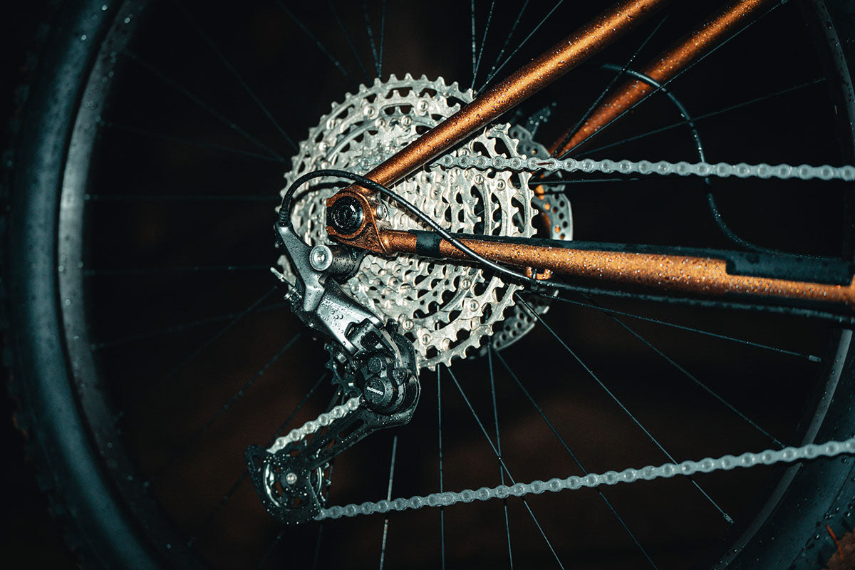 Close-up of a bicycle gear system with chain and sprocket on a dark background