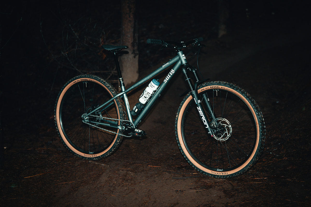 Mountain bike on a dark forest floor