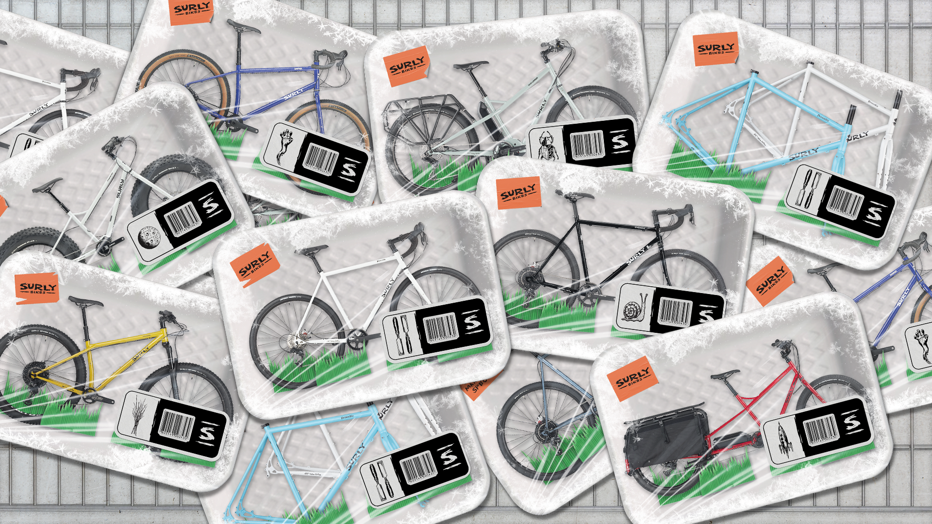Multiple bicycle packages with labels on a checkered background