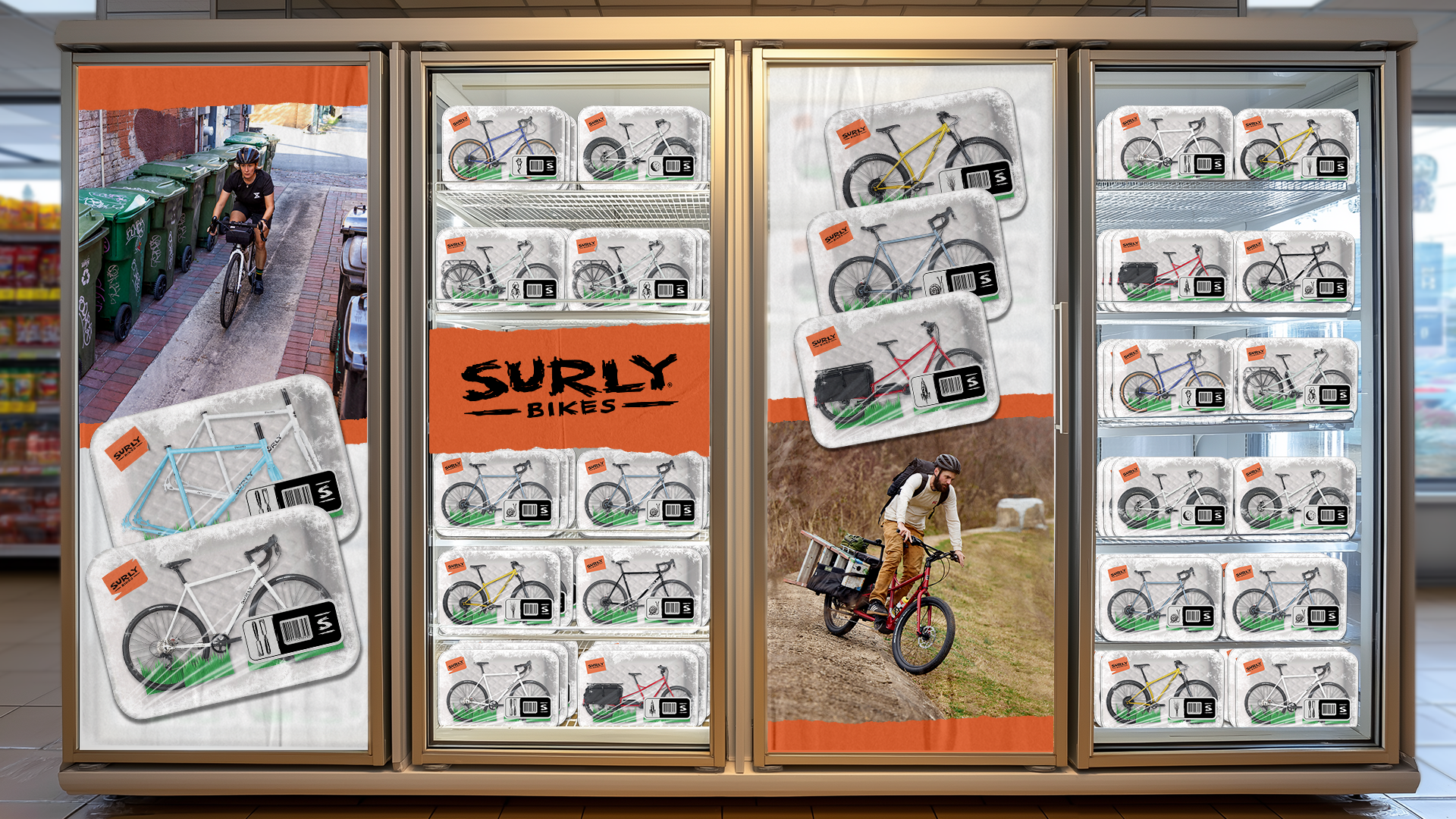 Fridge with Surly Bikes promotional graphics on a city street background