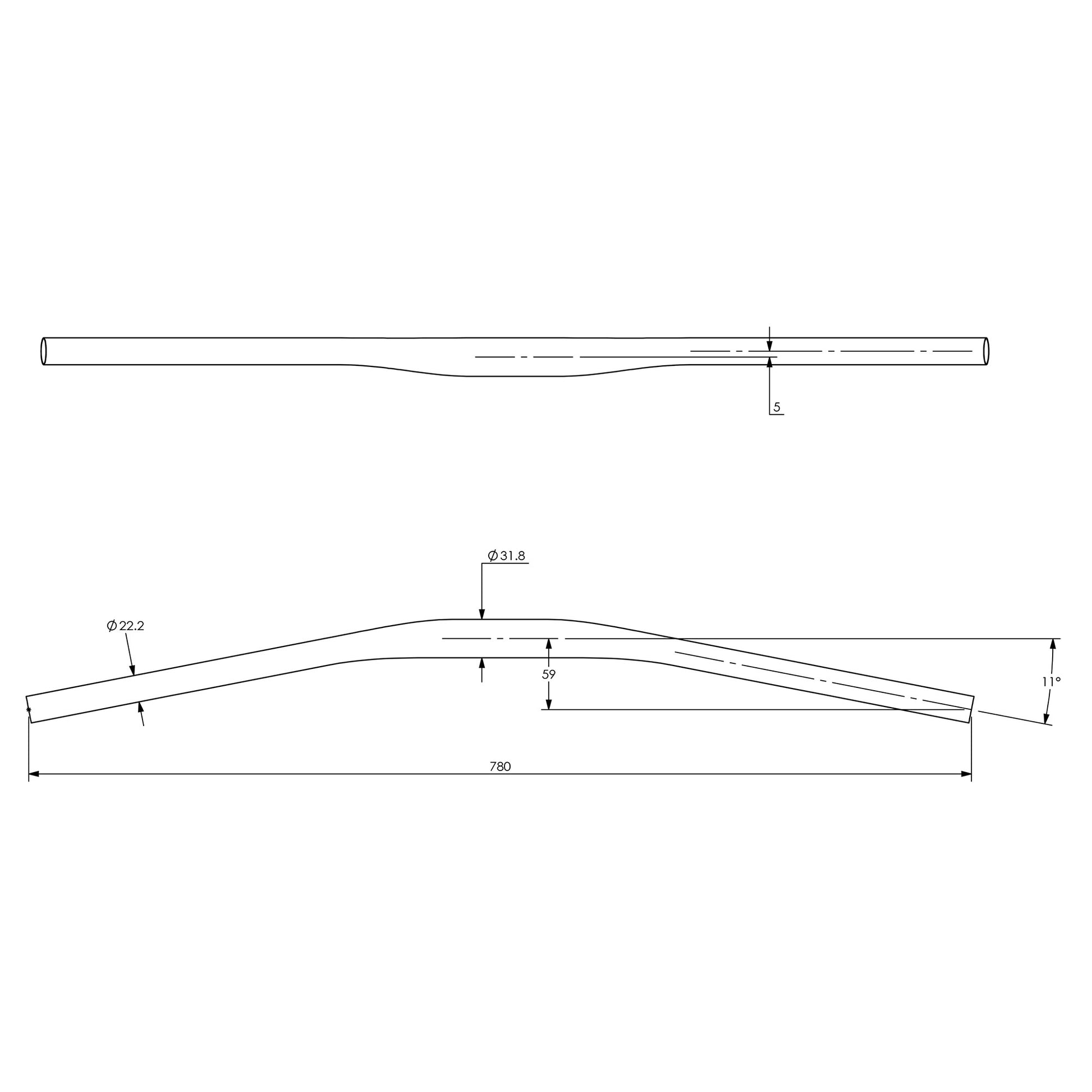 Technical drawing of Surly Cheater Bar with measurements on a white background