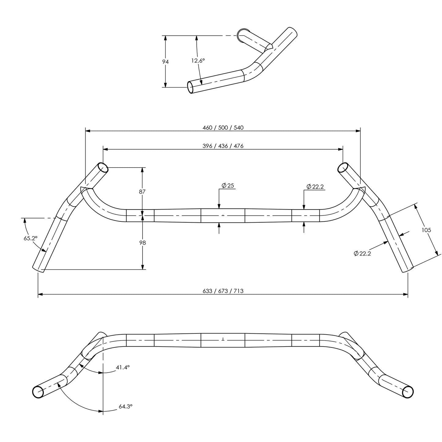 Technical drawing of Surly Corner Bar handlebar with dimensions