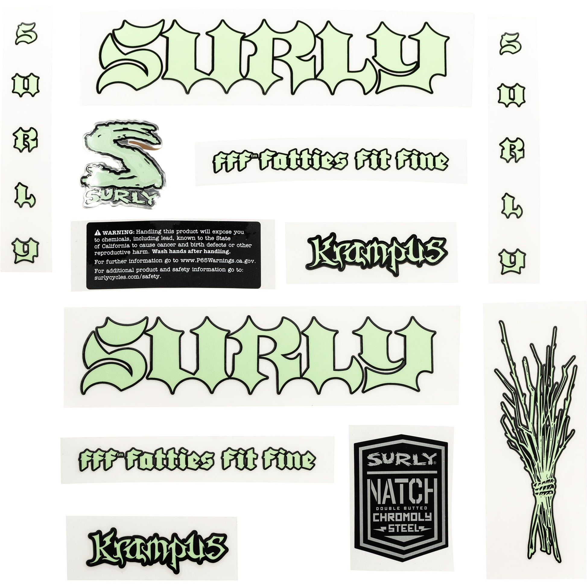 Surly Krampus Decal Set Green sheet of all decals for bike with headbadge