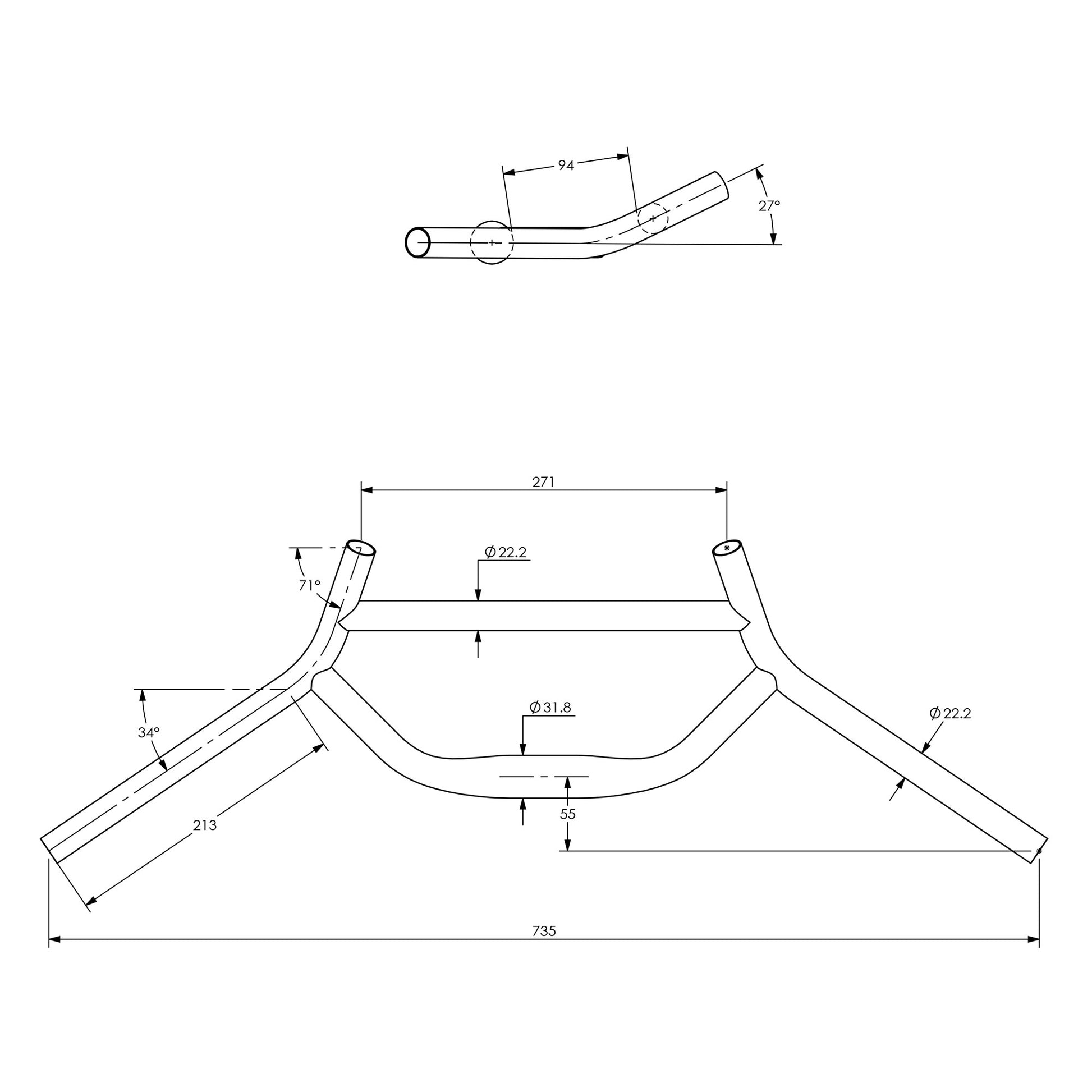 Technical drawing of Surly Moloko Bar with dimensions