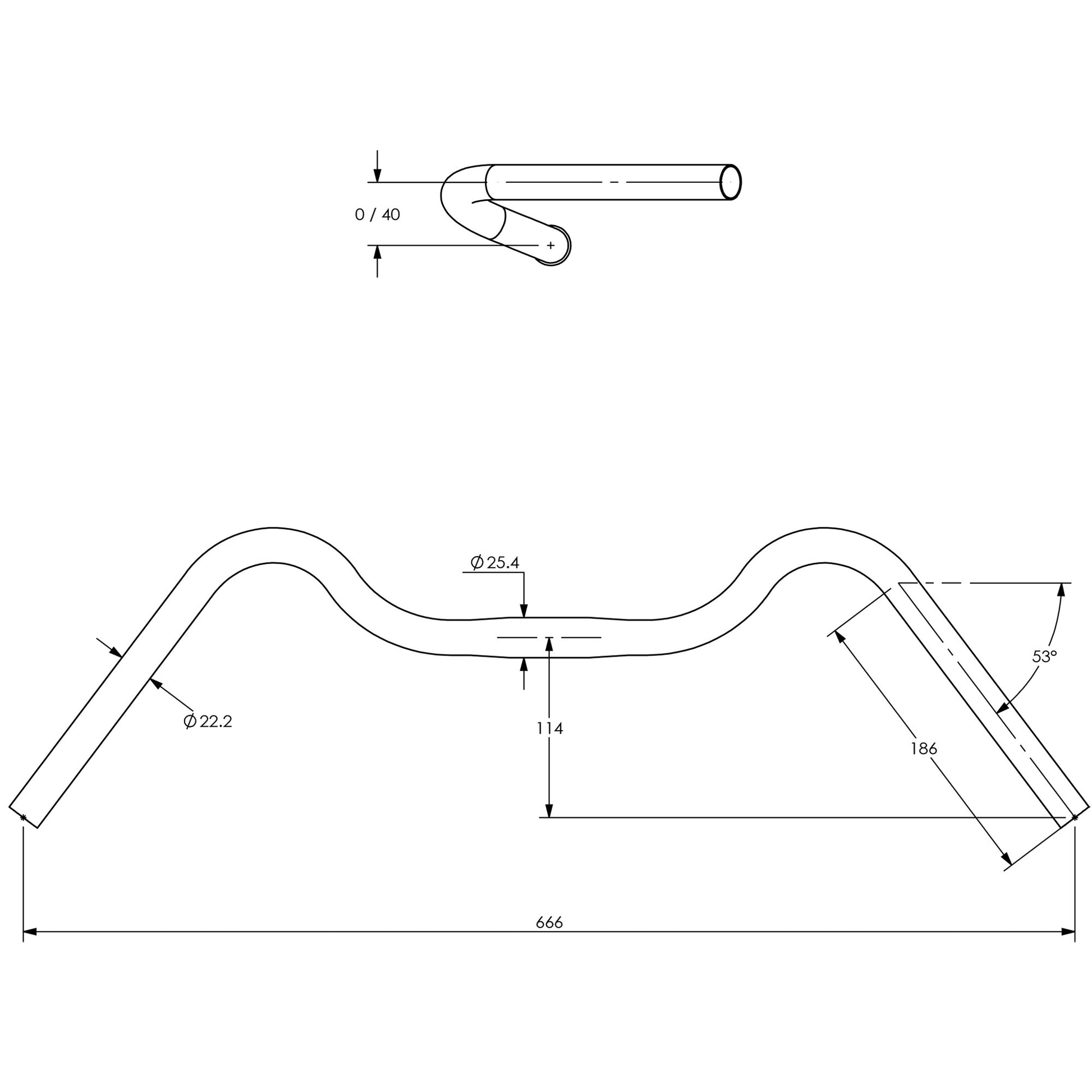 Technical drawing of Surly Open Bar 1.0 handlebar with dimensions