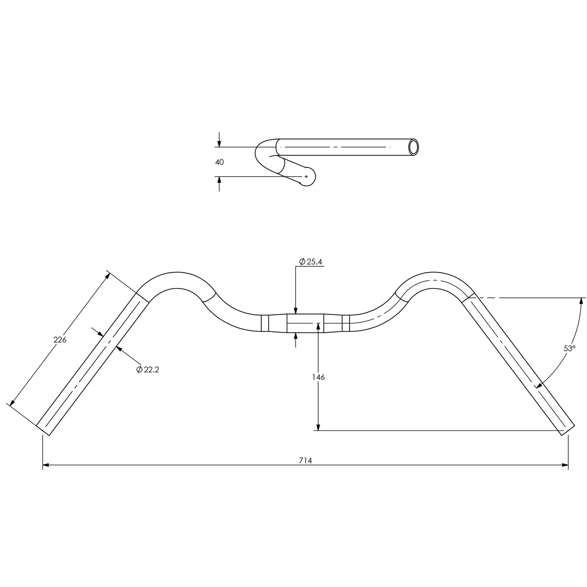 Technical drawing of Surly Open Bar 2.0 with measurements on a white background