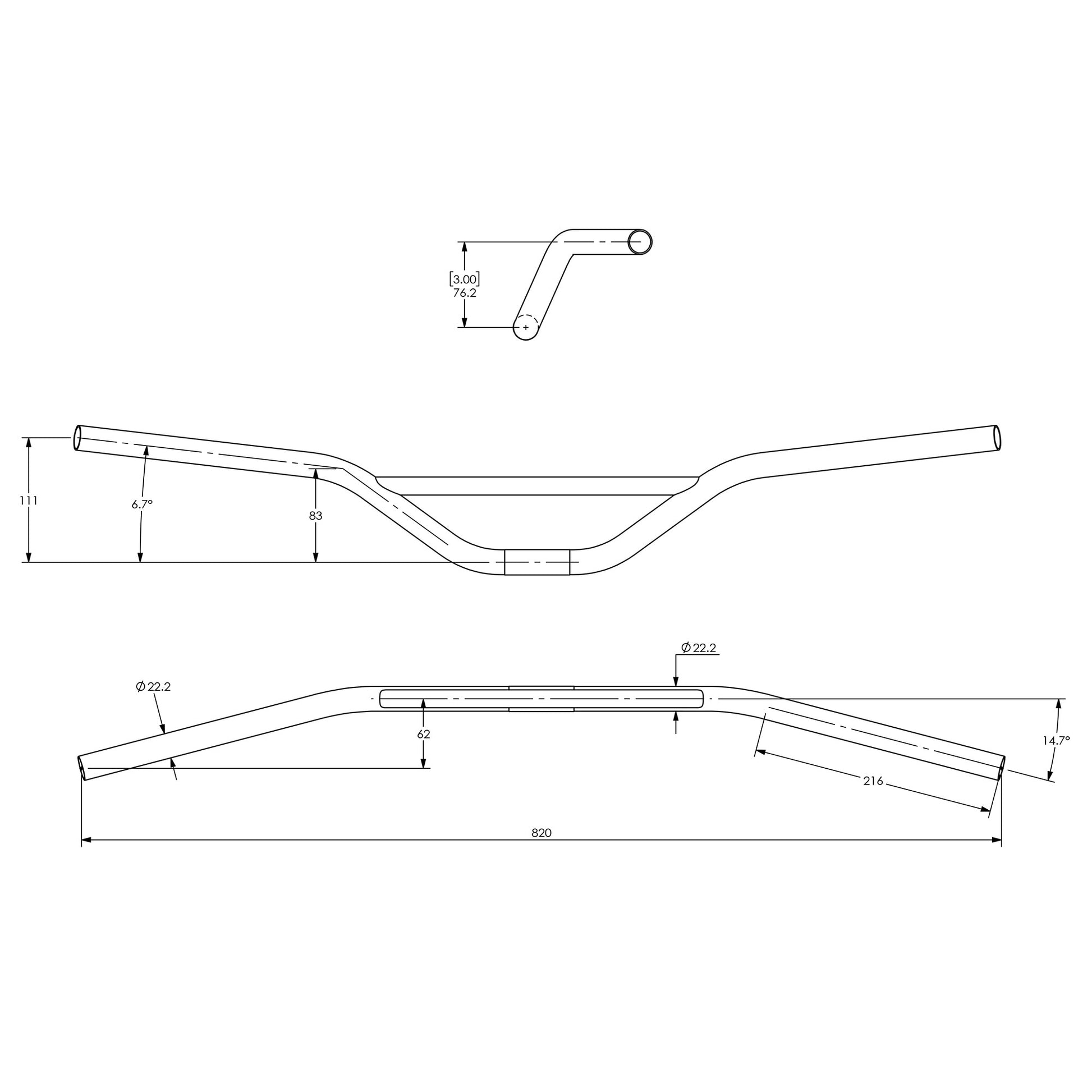 Technical drawing of Surly Sunrise Bar with dimensions on a white background