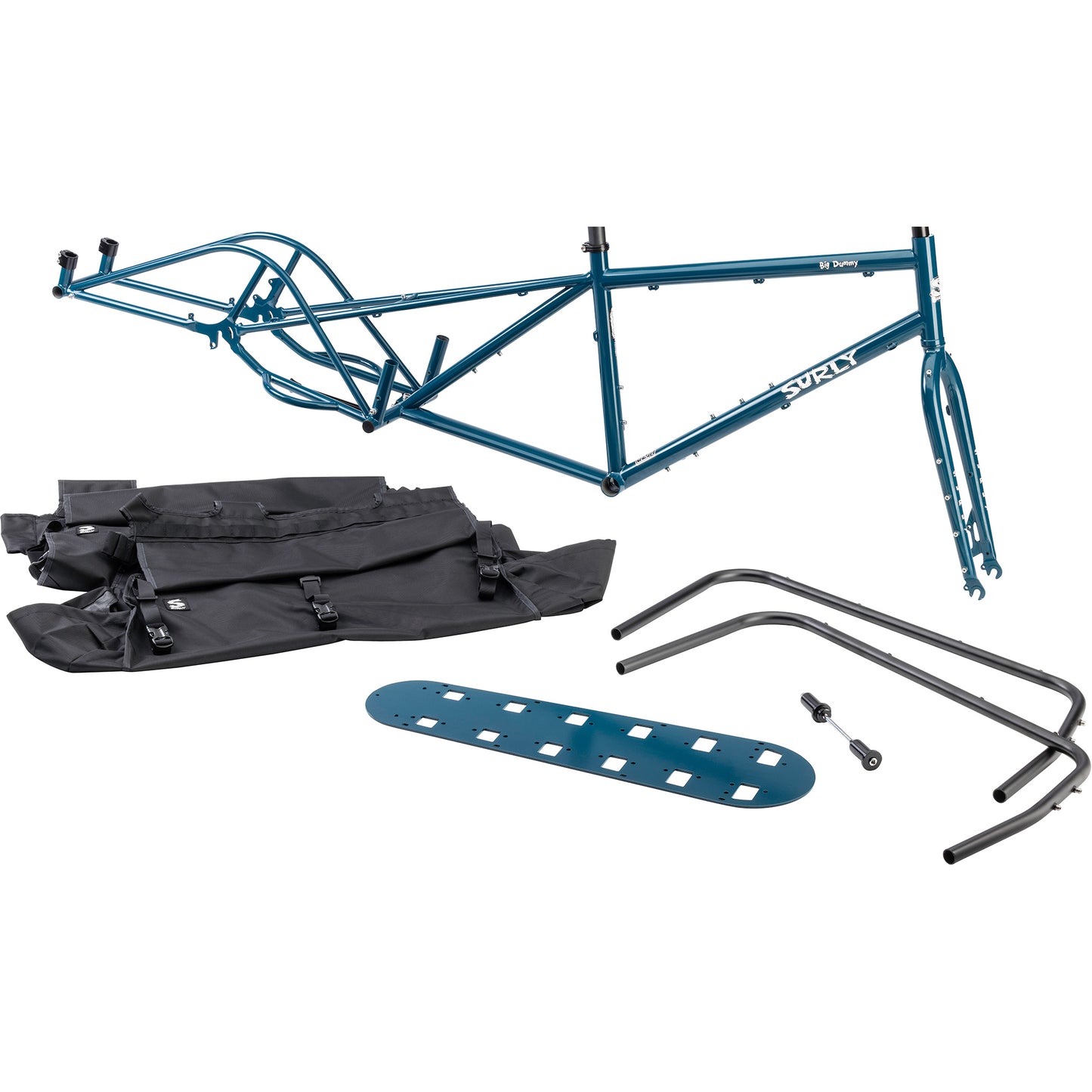 A blue bicycle frame kit with a teal blue frame, black saddlebags, a matching blue deck, and black handlebars on a white background. The brand name 'SURLY' is visible on the frame.