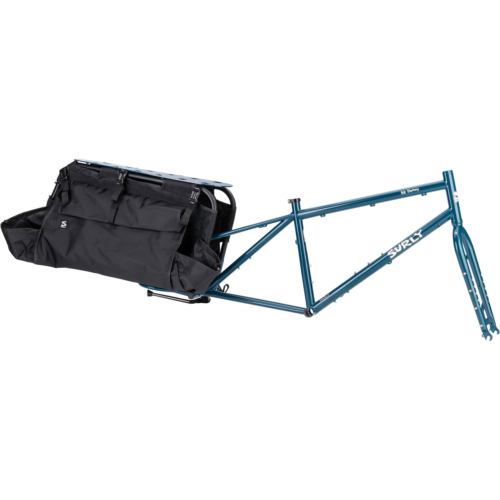 A teal blue cargo bike frame with a large black rear cargo bag attached, shown against a plain white background.
