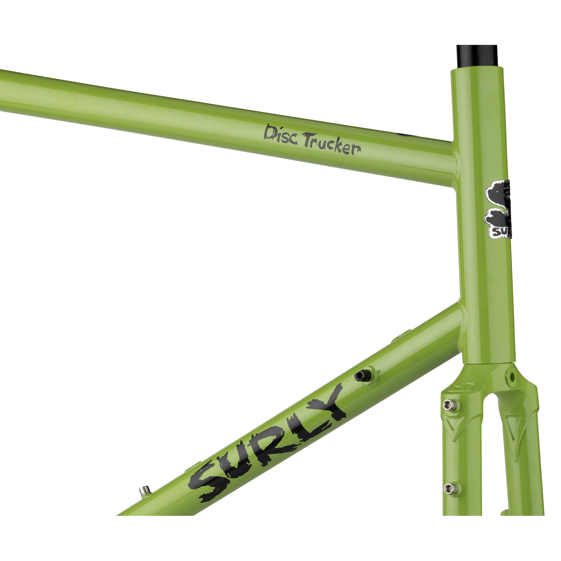Surly Disc Trucker frameset Pea Lime Soup head tube area focus