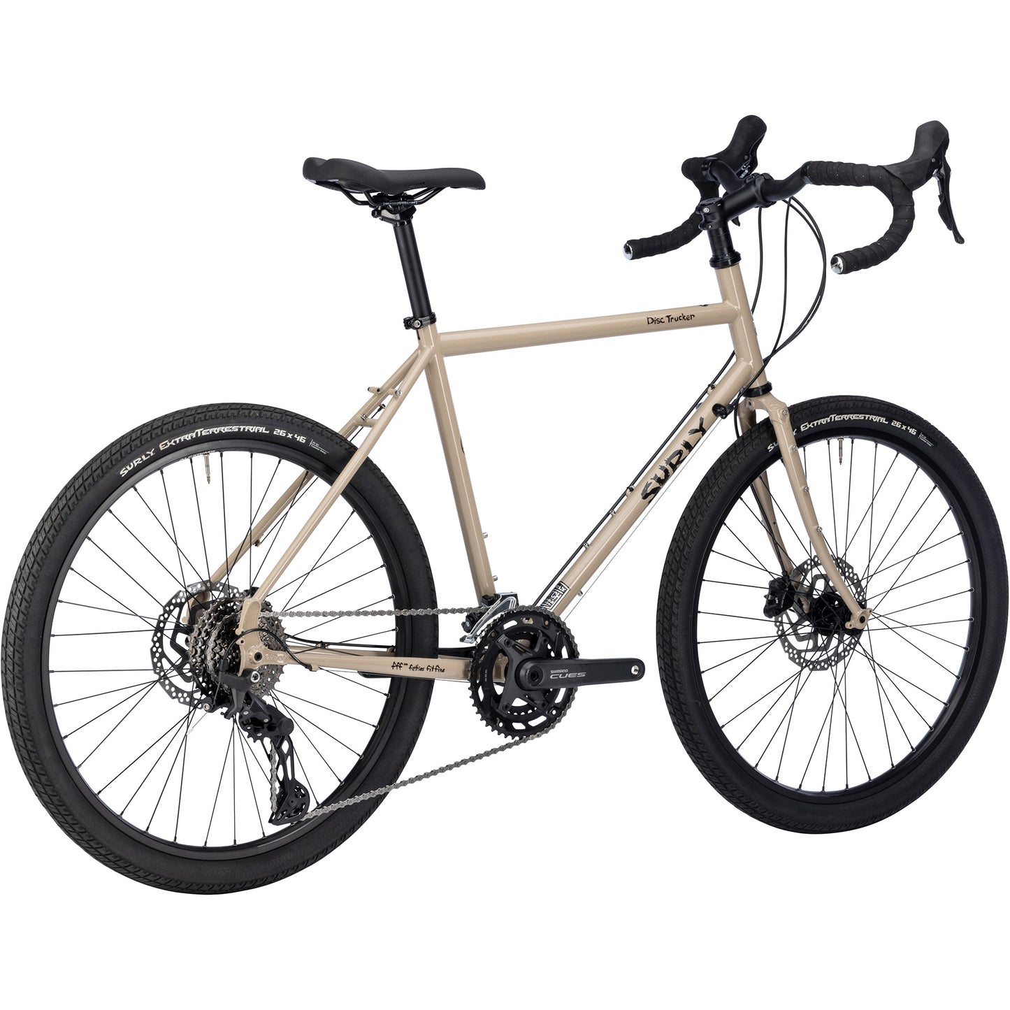 Surly Disc Trucker bike 26-inch wheels in tan color rear three-quarter view on white background