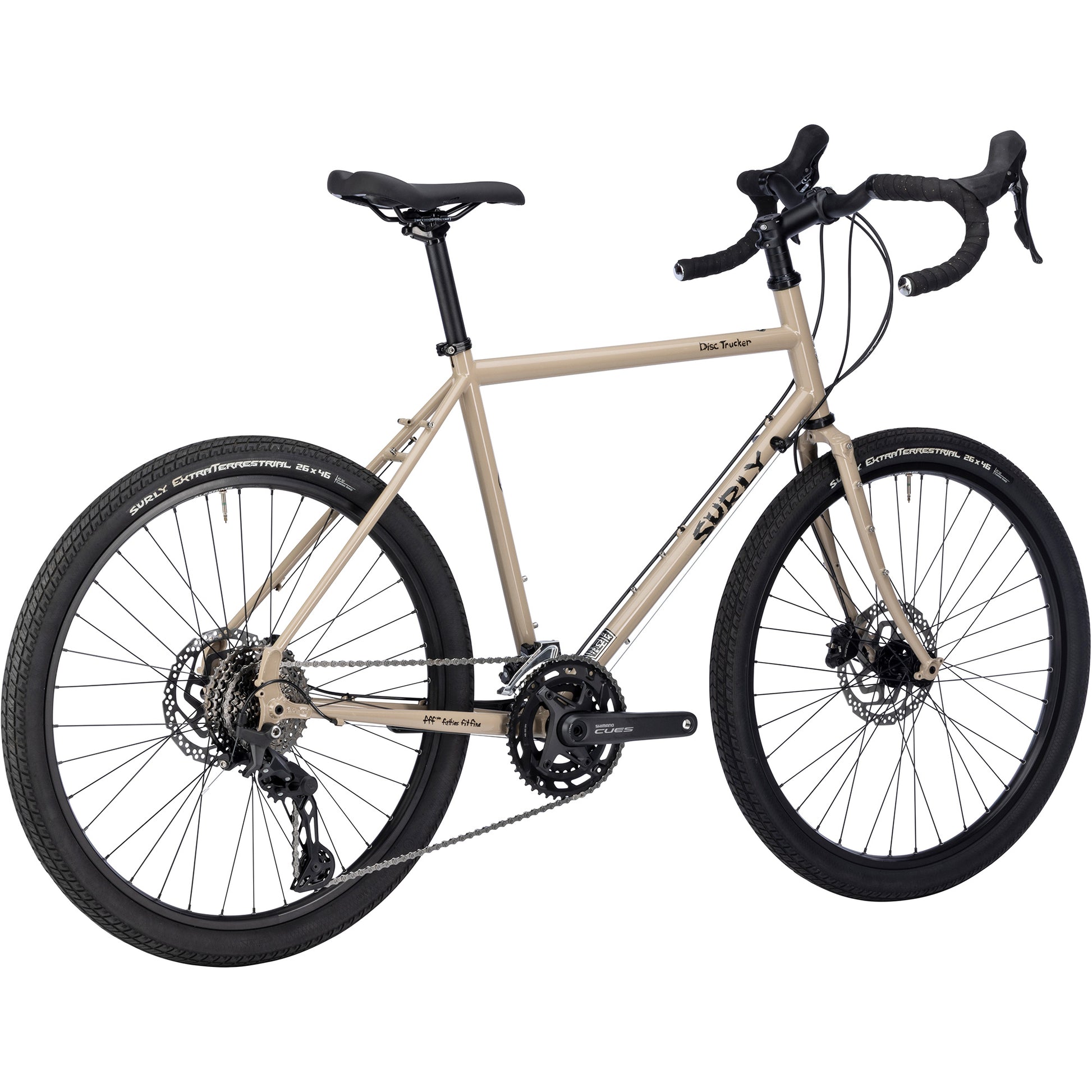 Surly Disc Trucker bike 26-inch wheels in tan color rear three-quarter view on white background