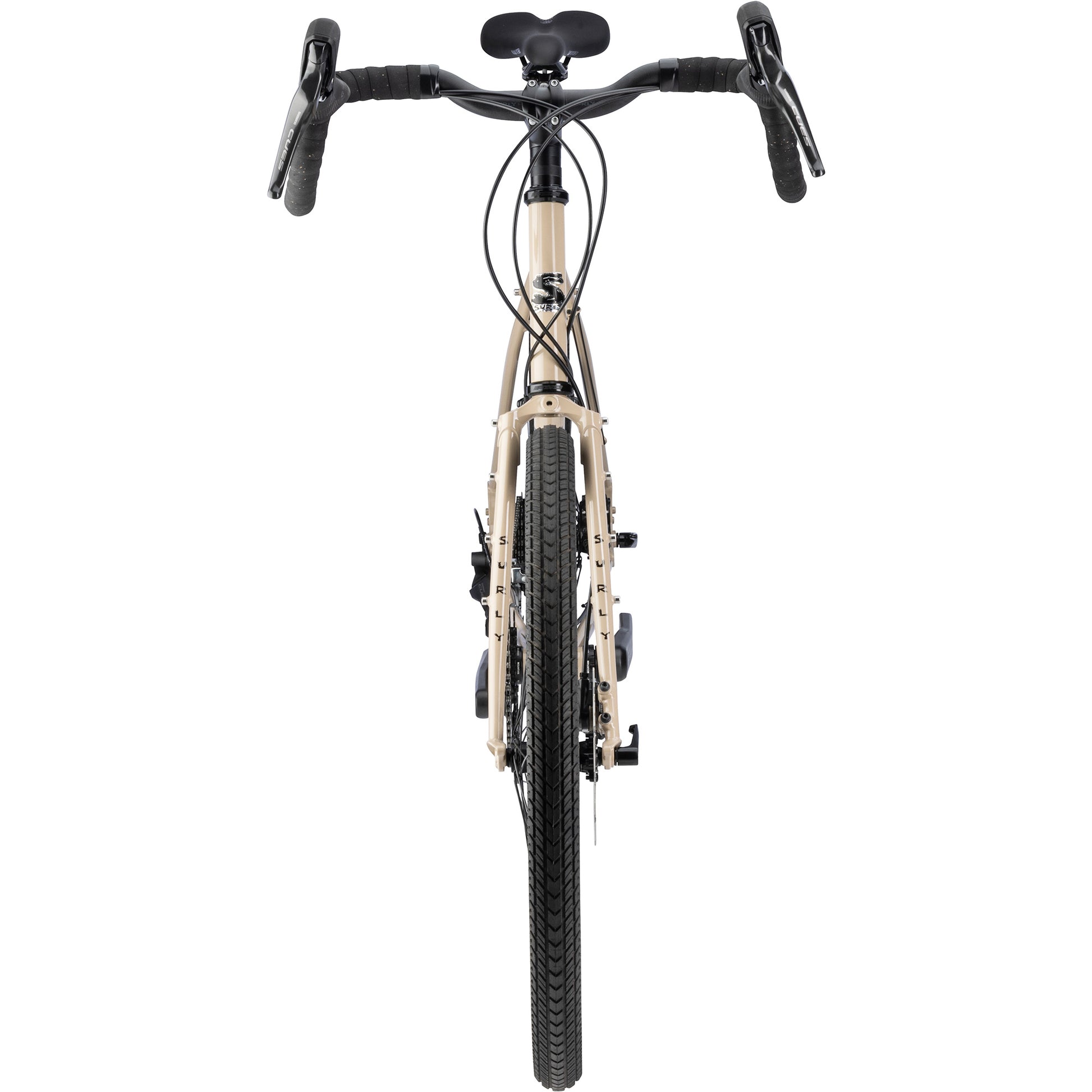 Surly Disc Trucker bike 26-inch wheels in tan color straight-on front view on white background