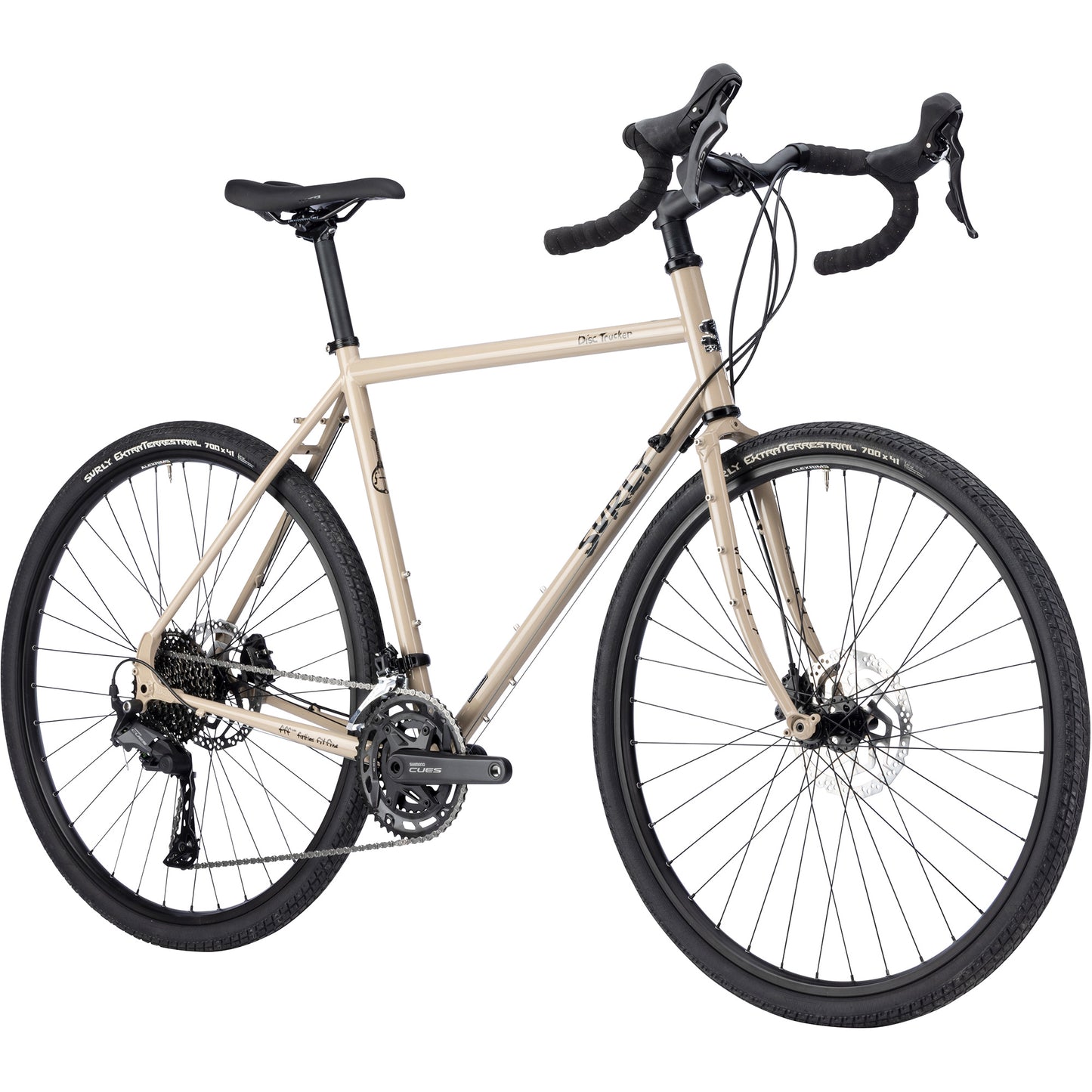 Surly Disc Trucker bike with 700c wheels in tan color front three-quarter view on white background