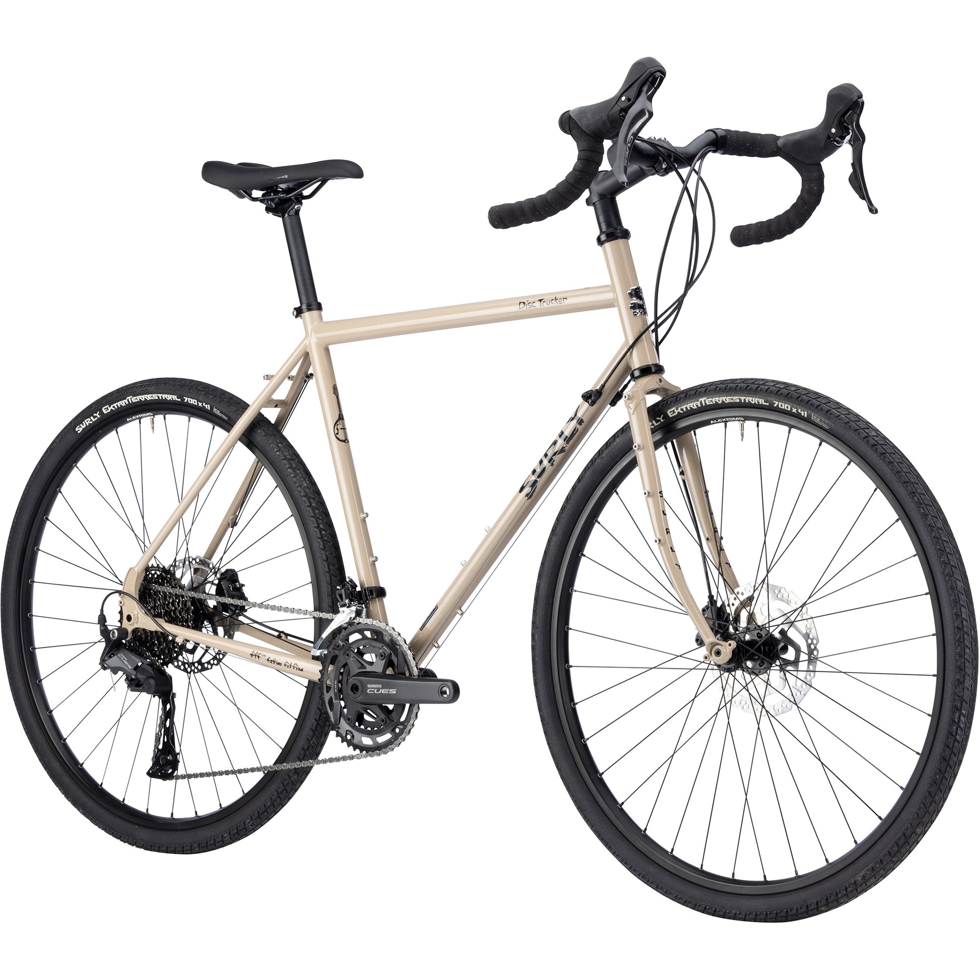 Surly Disc Trucker bike with 700c wheels in tan color front three-quarter view on white background