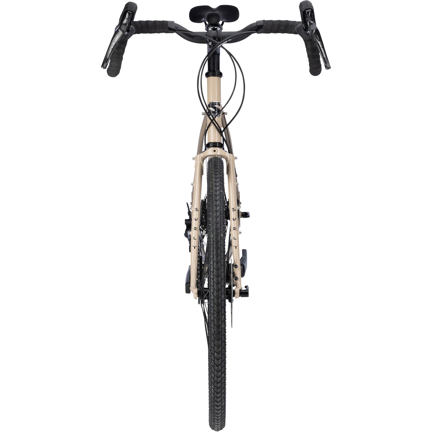 Surly Disc Trucker bike with 700c wheels in tan color straight-on front view on white background