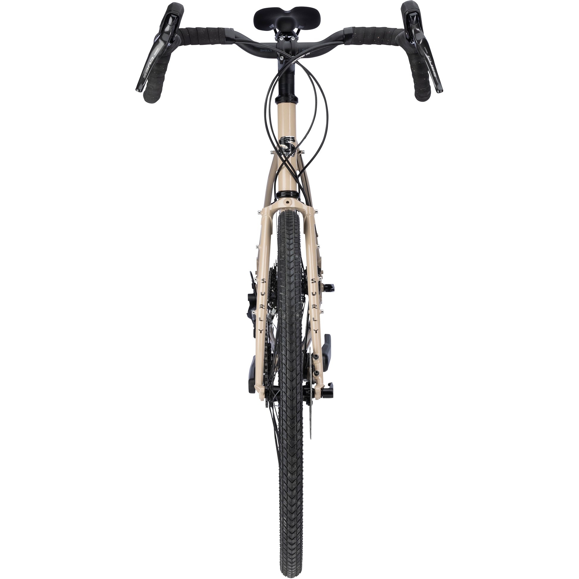 Surly Disc Trucker bike with 700c wheels in tan color straight-on front view on white background