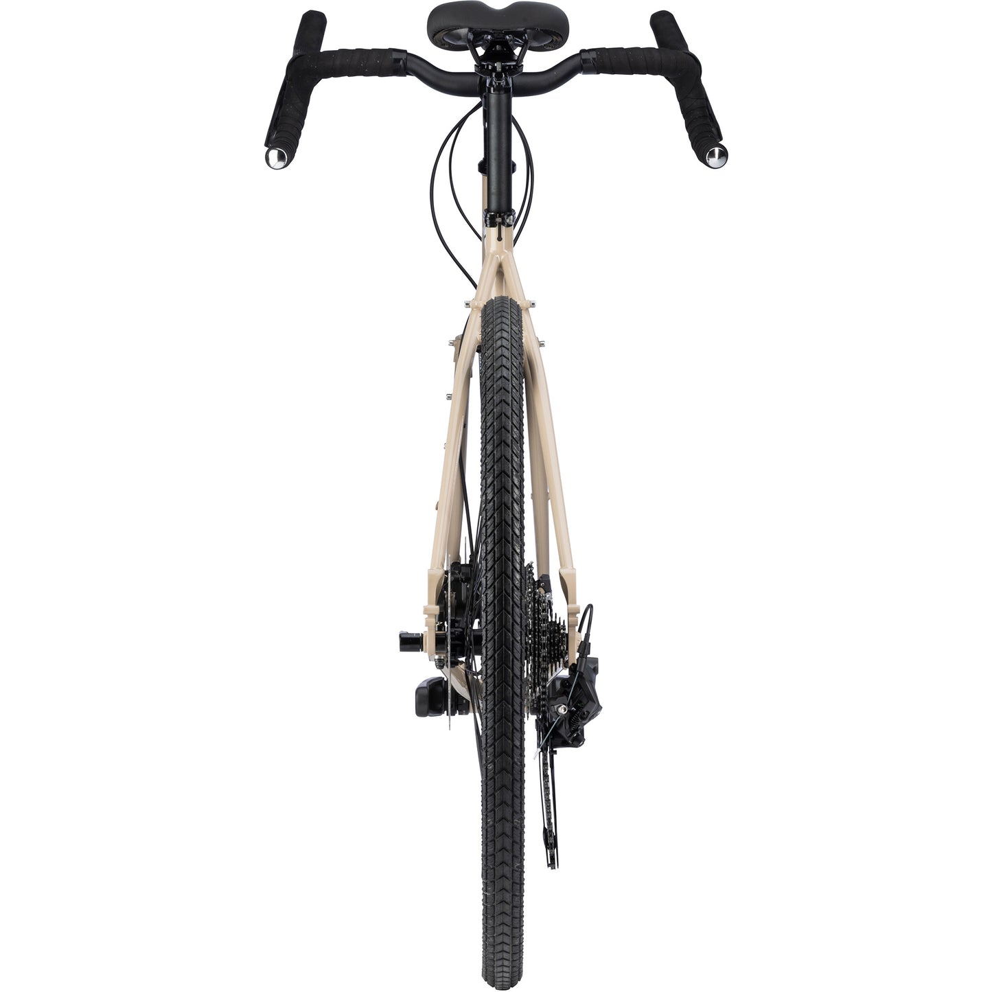 Surly Disc Trucker bike with 700c wheels in tan color straight-on rear view on white background