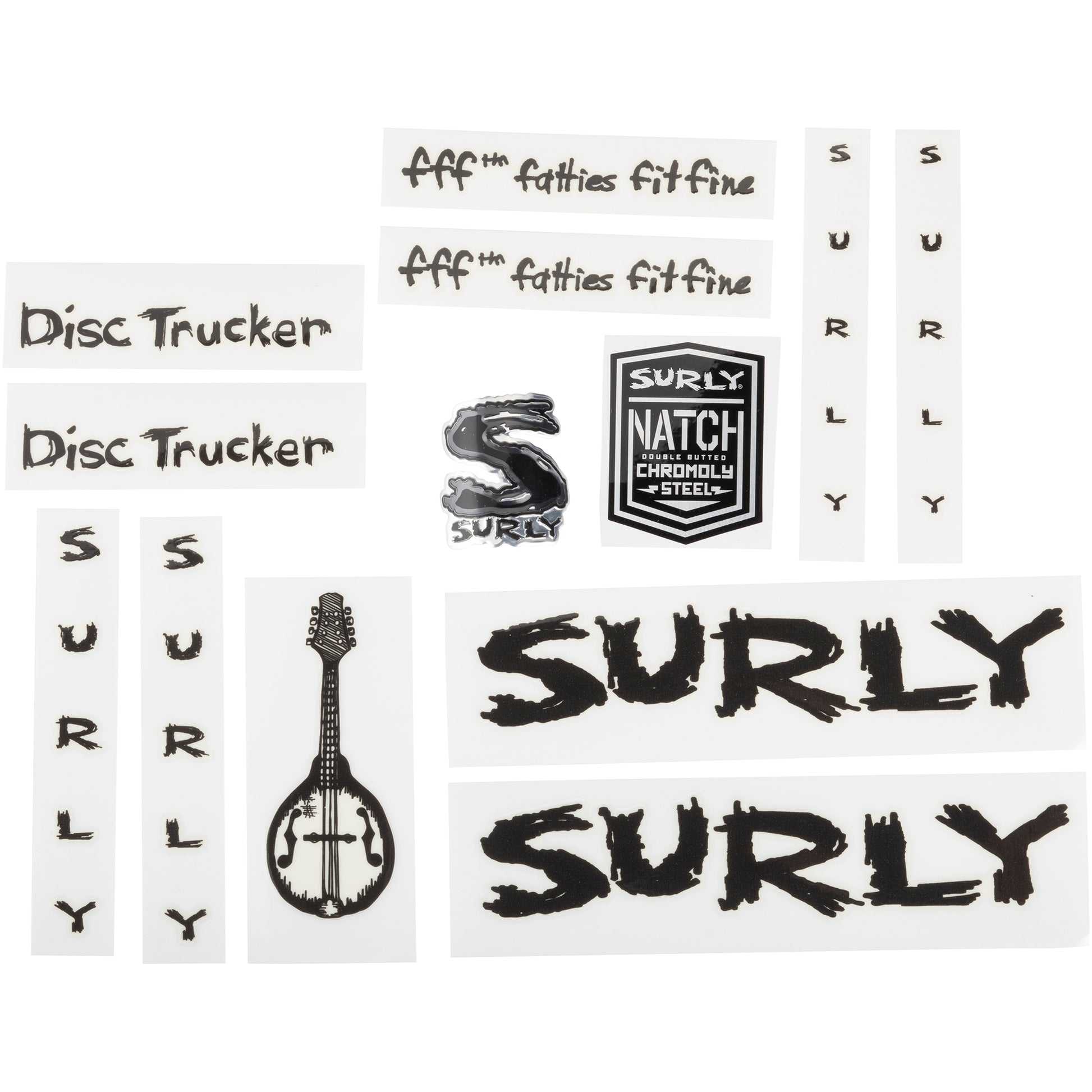 Surly Disc Trucker Decal Set Metallic Black sheet of all decals for bike with headbadge
