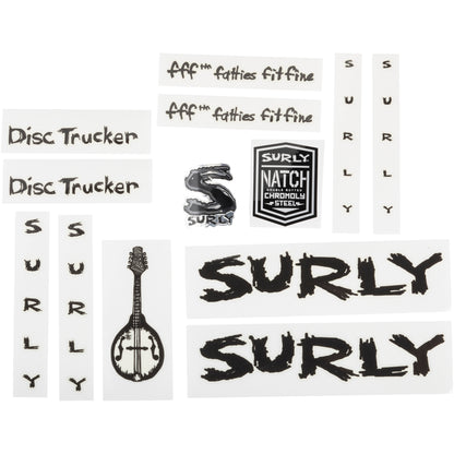 Surly Disc Trucker Decal Set Metallic Black sheet of all decals for bike with headbadge