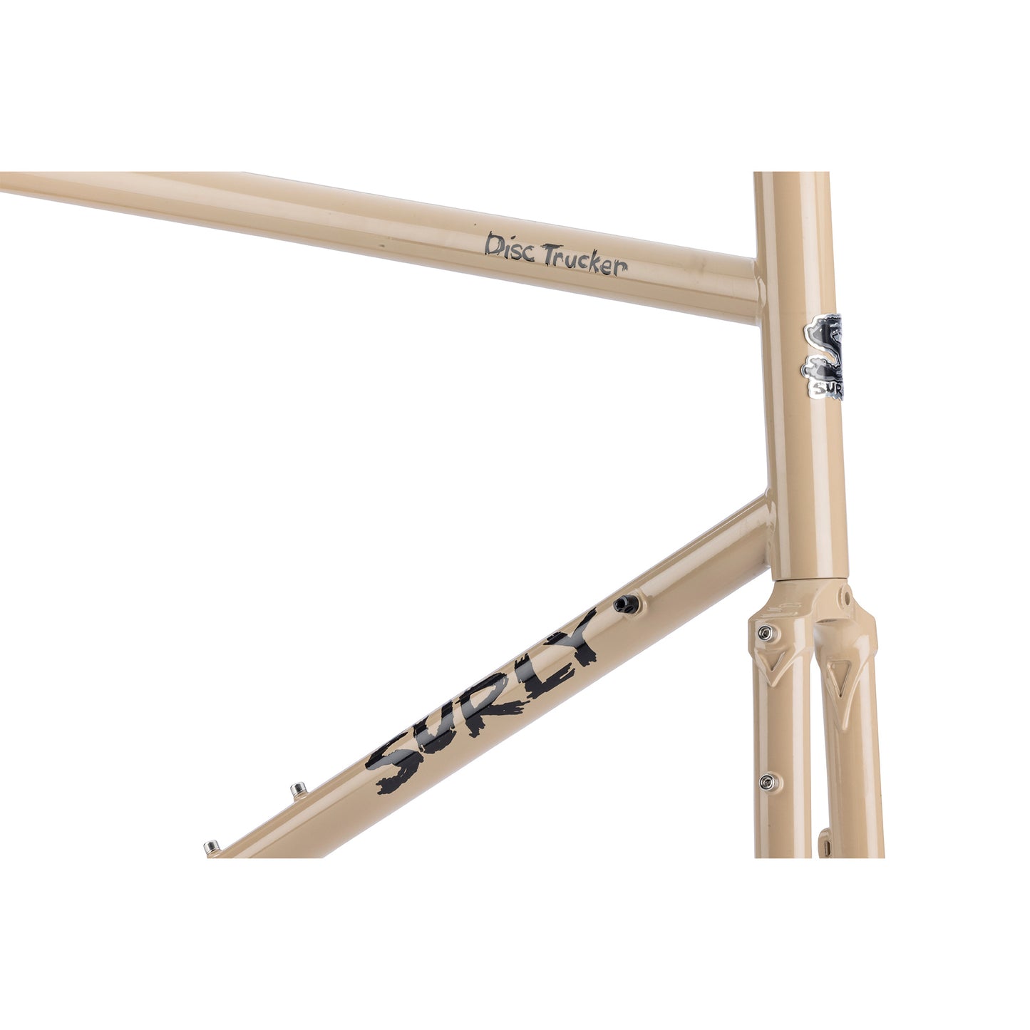 Surly Disc Trucker 26 inch in tan color head tube area focus on white background