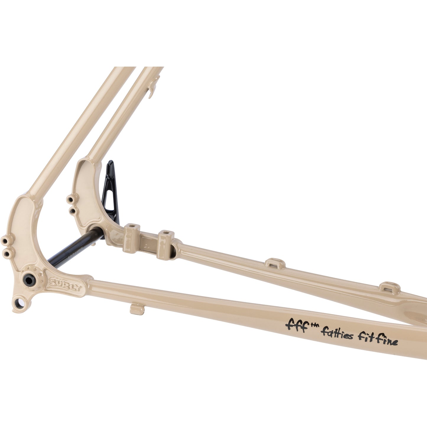 Surly Disc Trucker 700c in tan color rear dropout area focus on white background