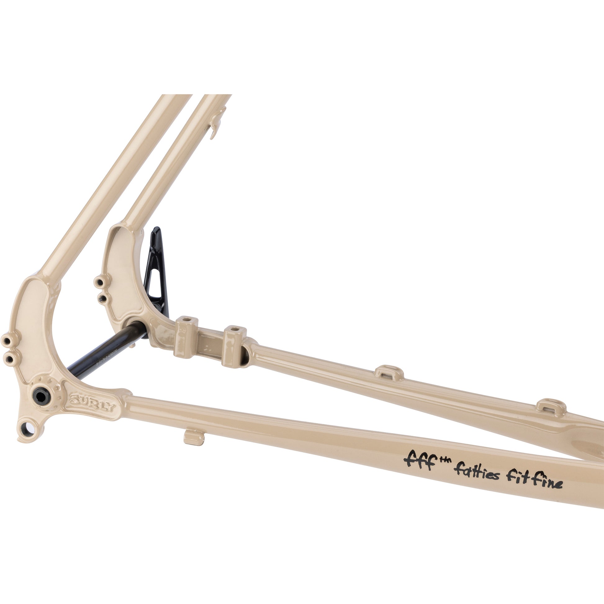 Surly Disc Trucker 700c in tan color rear dropout area focus on white background