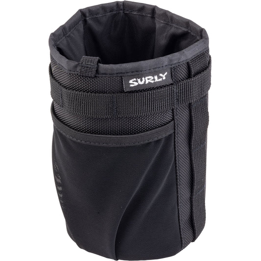 A black fabric pouch with a wide webbing strap and a white SURLY logo patch, shown on a plain white background.