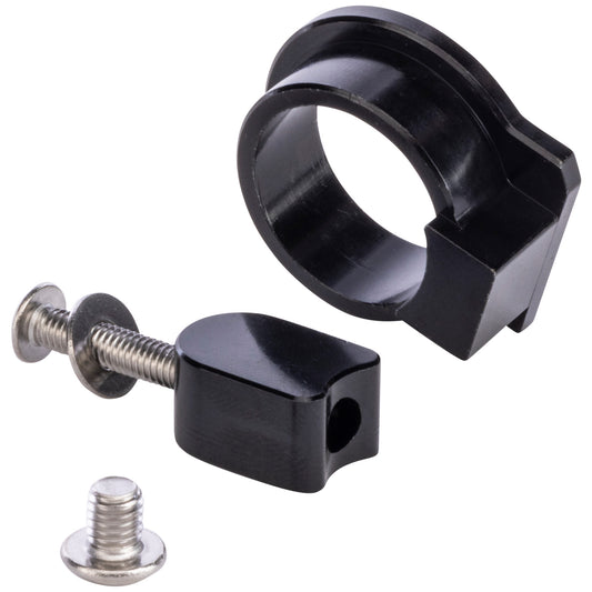 Black metal clamp with screws on a white background